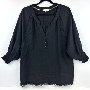 Umgee Plus Tunic Blouse‎ Black Frayed Hem Smocked Cuff Boho Women XL